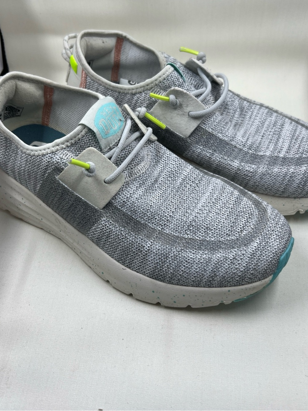 Hey Dude Grey Knit Slip-On Sneakers with Teal and Neon Yellow Accents